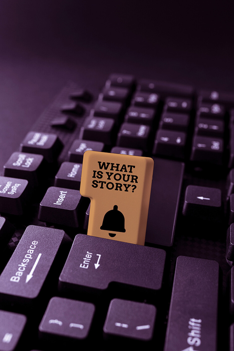 a tab in a keyboard that says what is your story.