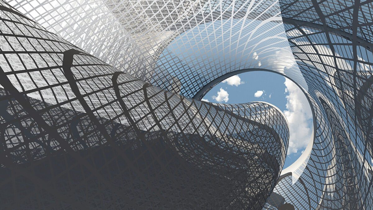 abstract architecture with spiraling lattice.