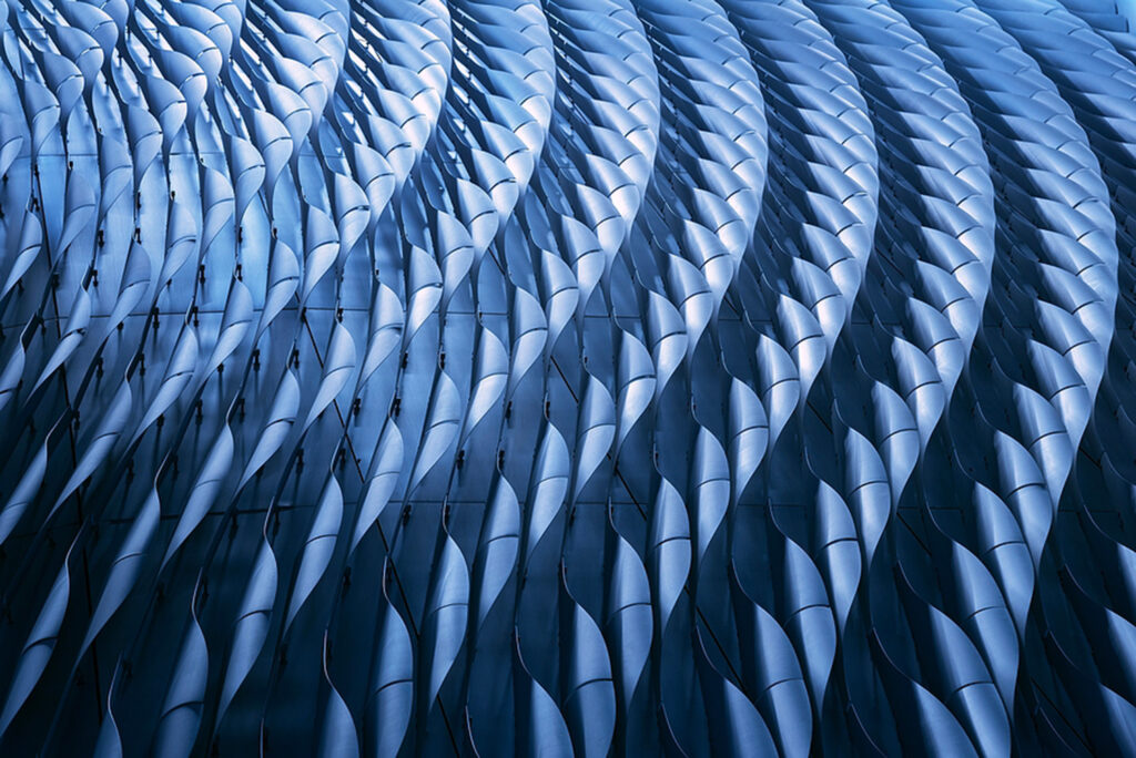 abstract architecture shaped like blue petals.